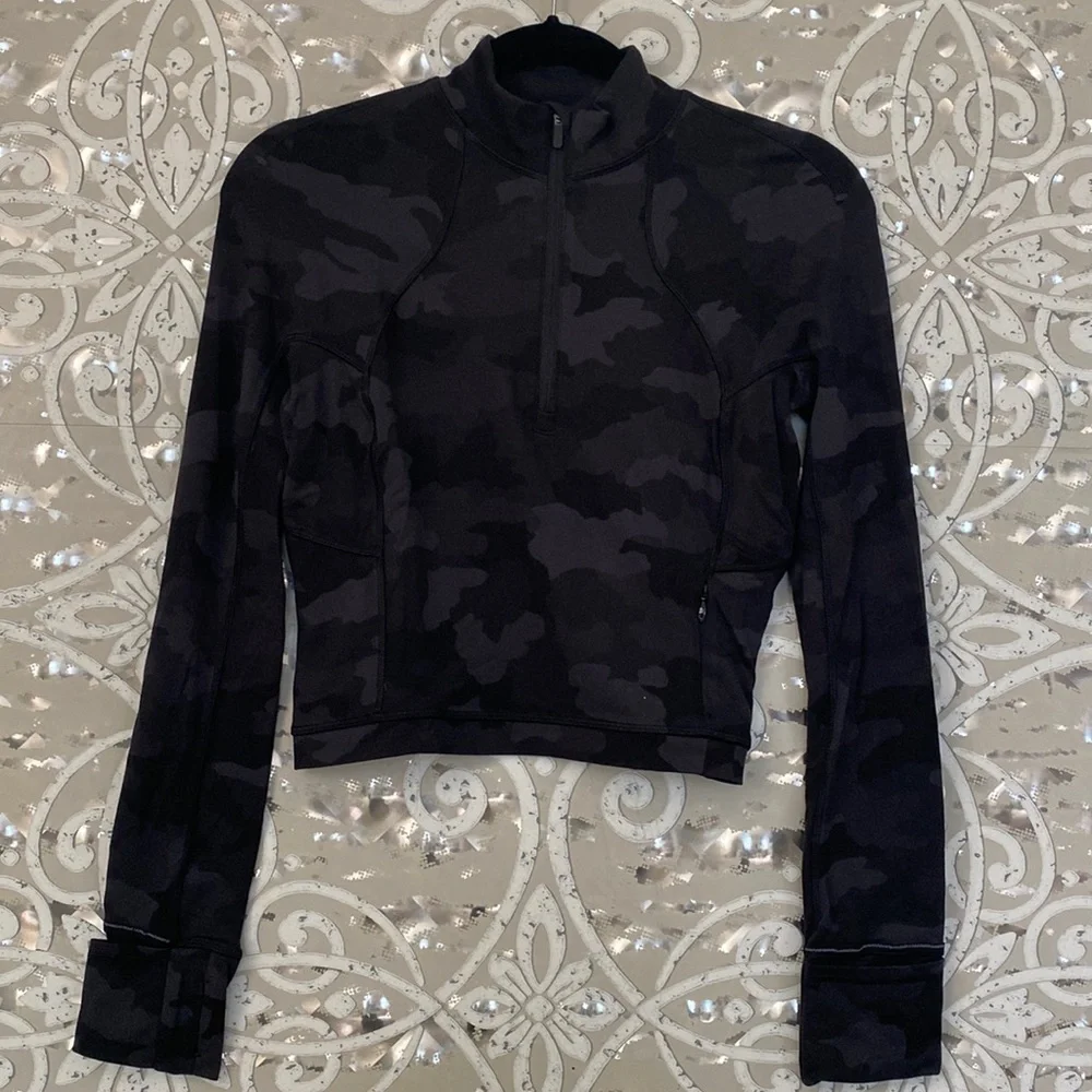 LULULEMON Black Camo Its Rulu Run Cropped Half-Zip Sweatshirt 6